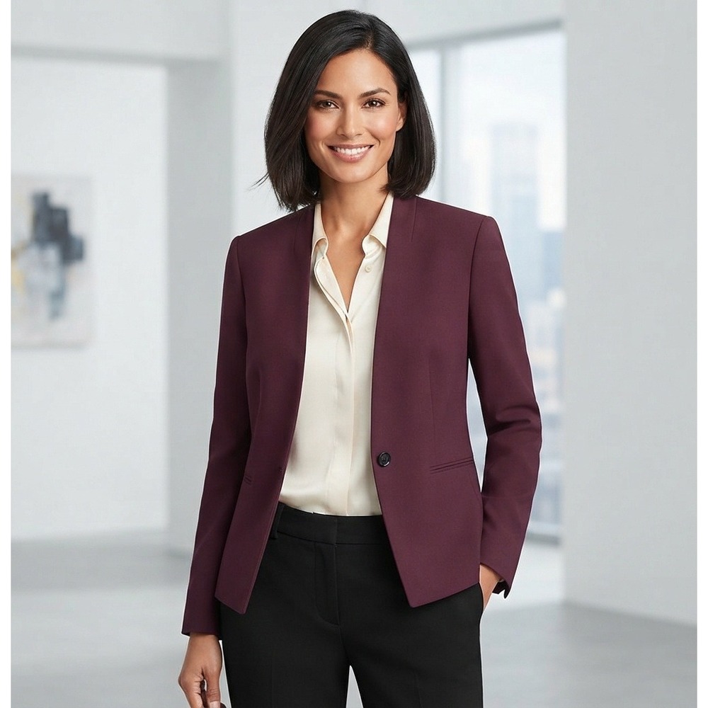 Ann Taylor Womens Burgundy Single Button Collarless Blazer Jacket Size 8T 518711